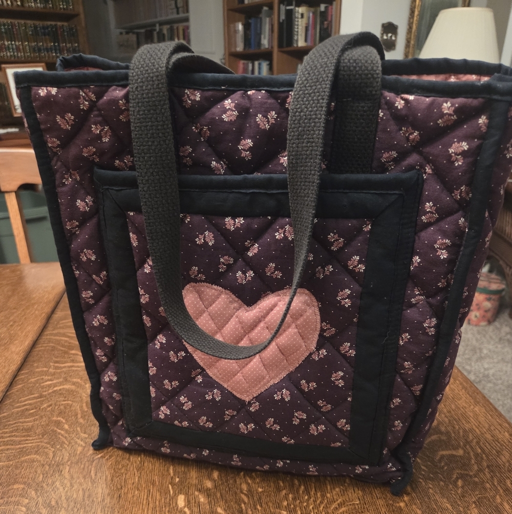 Vintage Quilted Black and Pink Heart NO SAG Tote Bag
